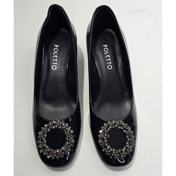 Poletto Charcoal Gray Patent Leather Heels Pumps Rhinestone Medallion Size 36 - Picture 4 of 12